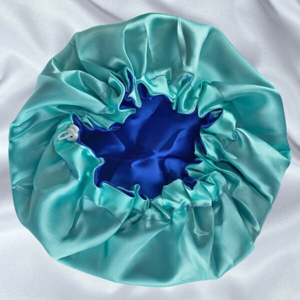 Touca de Cetim Dupla Face com Ajuste Antifrizz Azul Royal com Verde Água